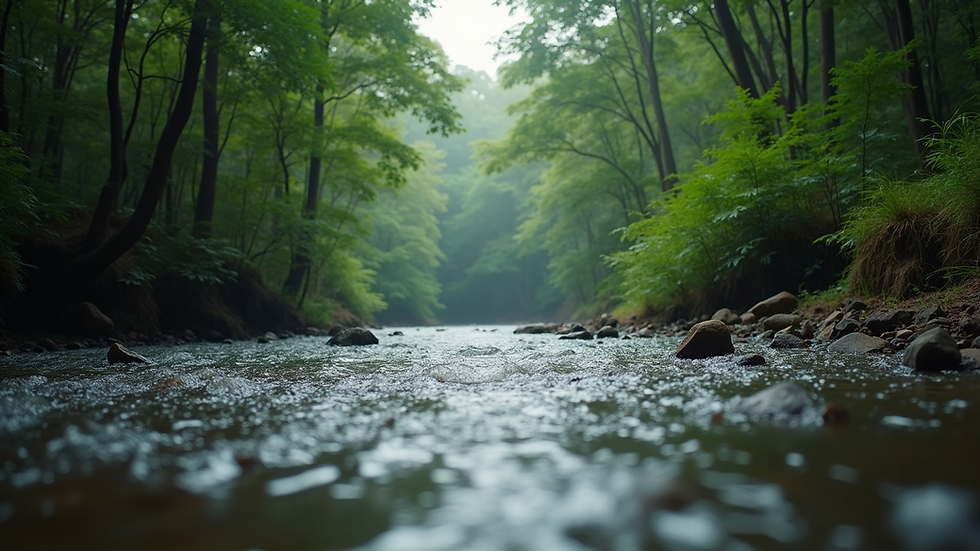 Eye-level view of a river flowing through dense forest in Dandeli