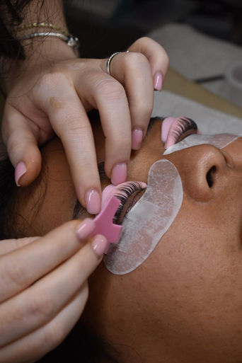 Lash lift procedure with pink shields and eye patches