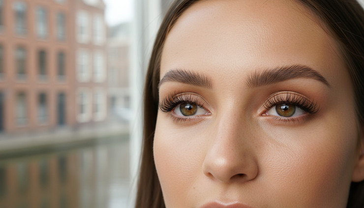 Close-up view of lifted lashes with a natural brow shape in soft daylight