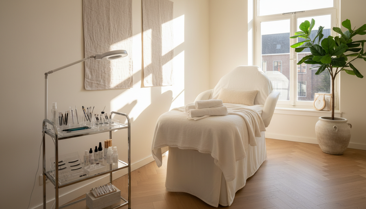 Eye-level view of a calm beauty treatment room prepared for brow and lash services.