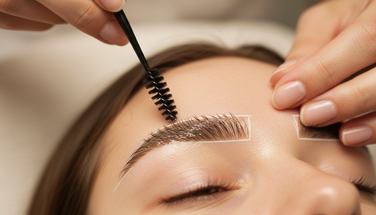 Close-up view of shaped brows being brushed into place during a lamination treatment.