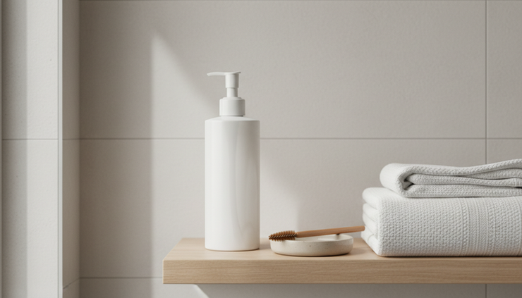 Eye-level view of a clean bathroom shelf with gentle cleanser and a soft towel