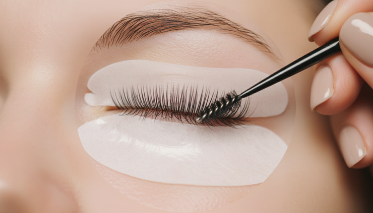 Macro view of natural lashes placed on a silicone shield during a Korean lash lift.