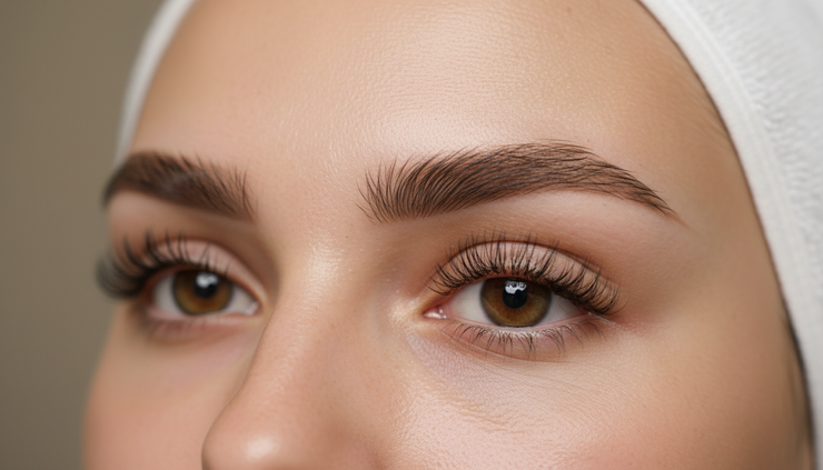 Close-up view of shaped brows and lifted lashes after a combined eye treatment