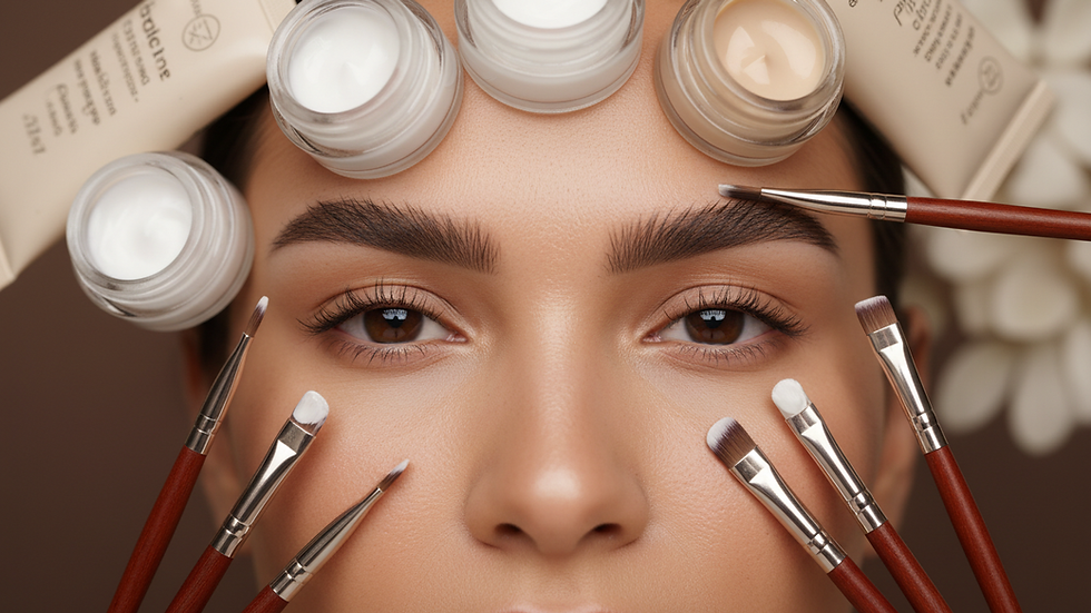 Eye-level view of brow lamination kit with creams and brushes
