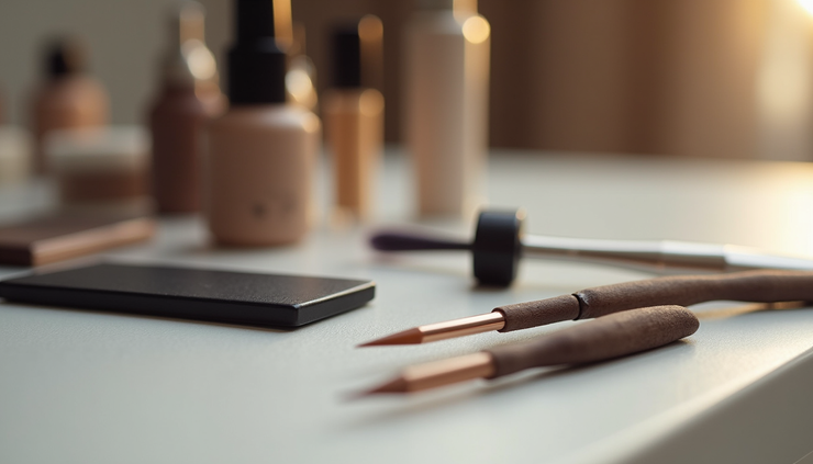 Eye-level view of brow lamination tools and products arranged neatly on a beauty studio table