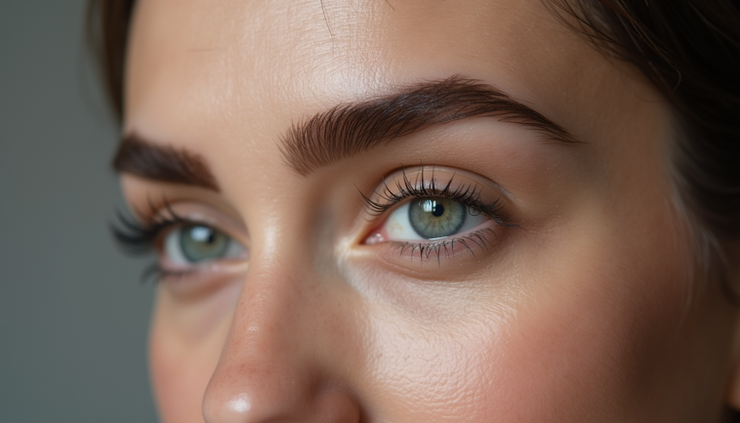 Close-up view of perfectly shaped eyebrows styled to complement an oval face shape