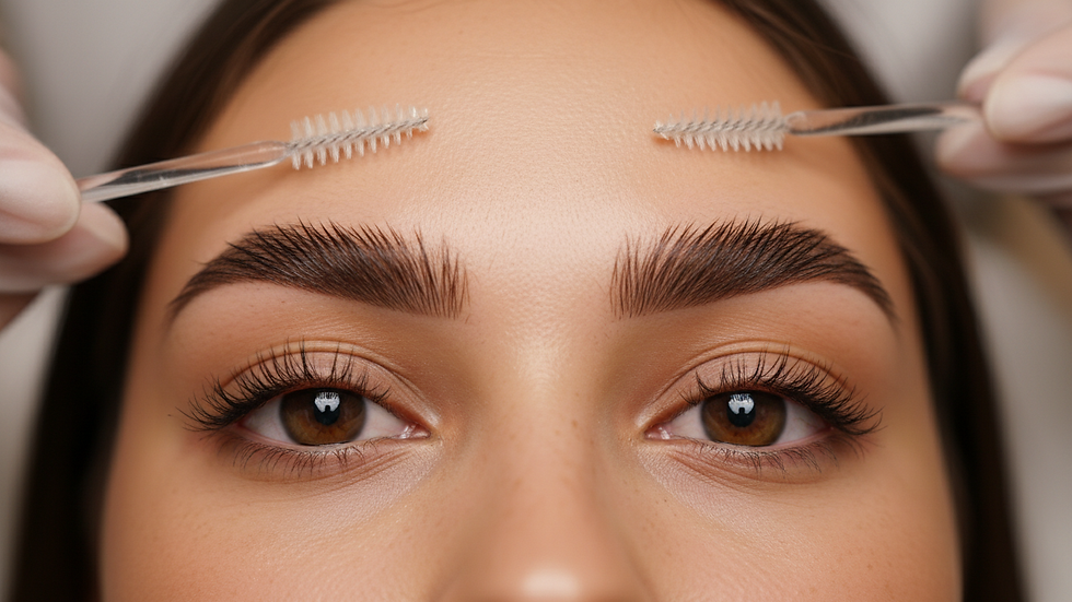 Eye-level view of a brow lamination treatment in progress