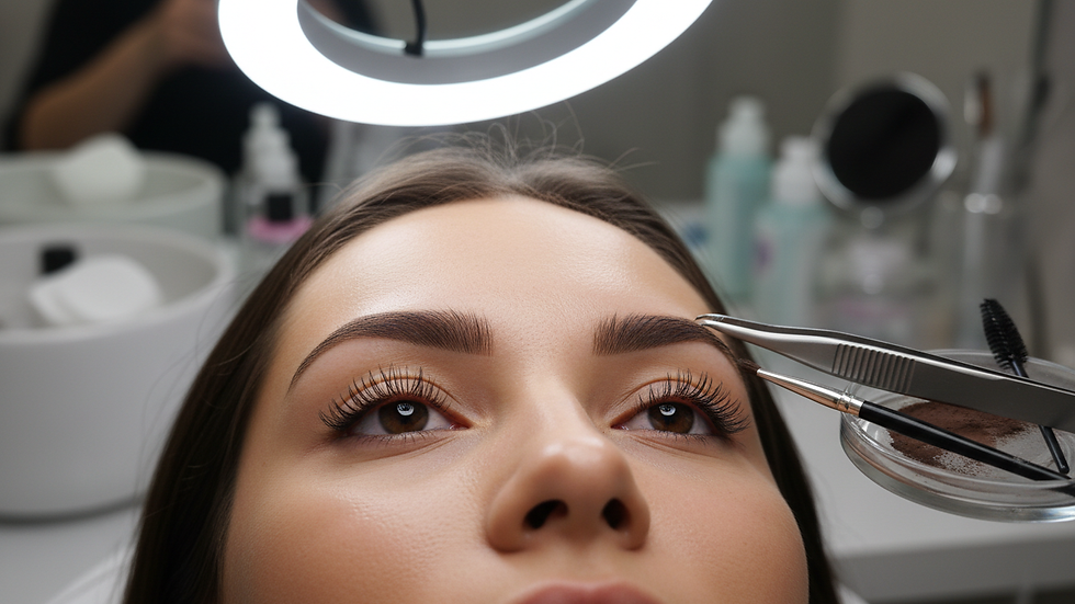 Eye-level view of a beauty studio interior with brow shaping tools