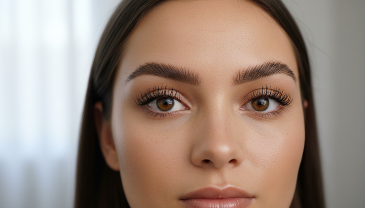 Close-up view of neatly brushed brows and visible lashes in soft daylight