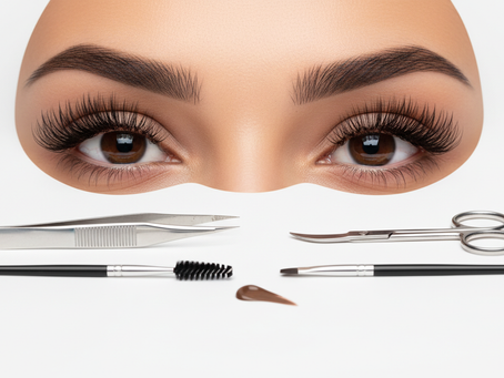 Close-up view of eyebrow shaping tools on a white surface