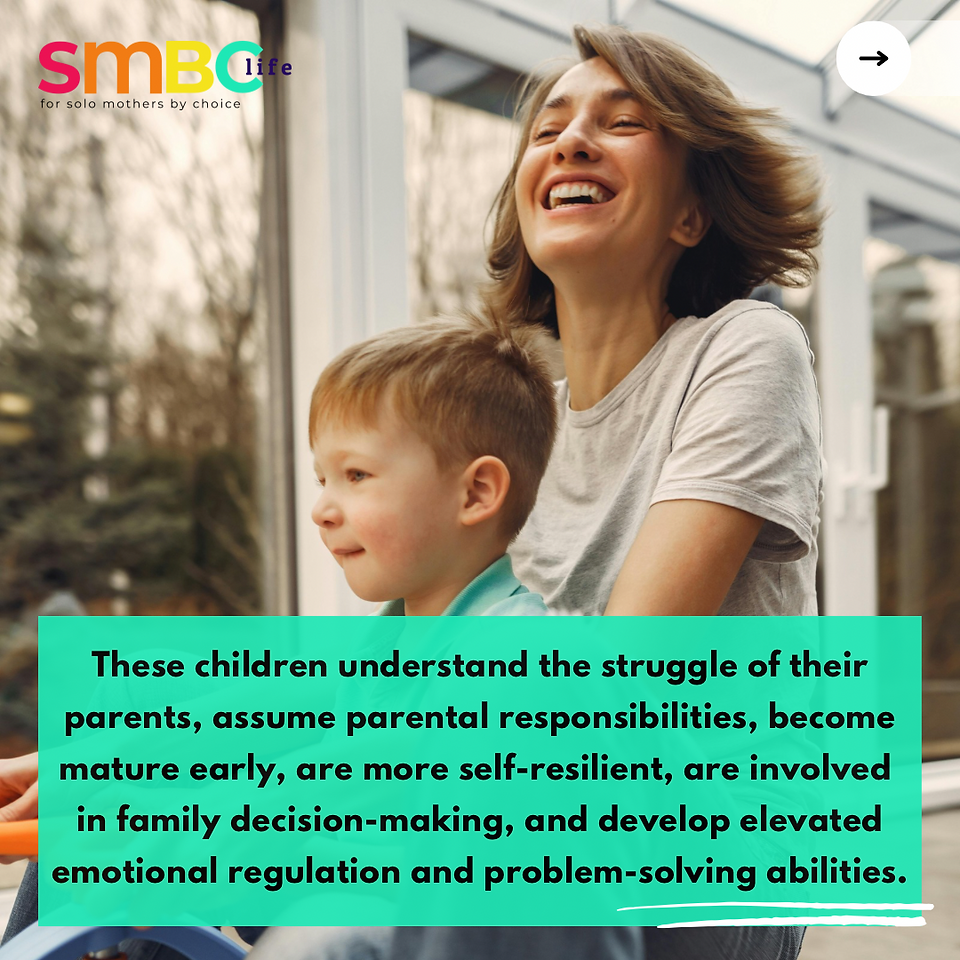 Mother playing with her son on a scooter riding it together with the statement that children of single parents are well adjusted