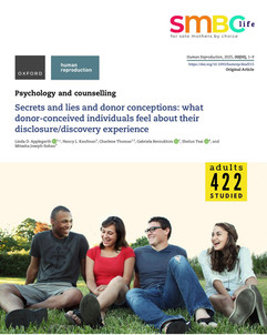 research study title and adults sitting together smiling illustrating trust and emotional support in donor conception disclosure.