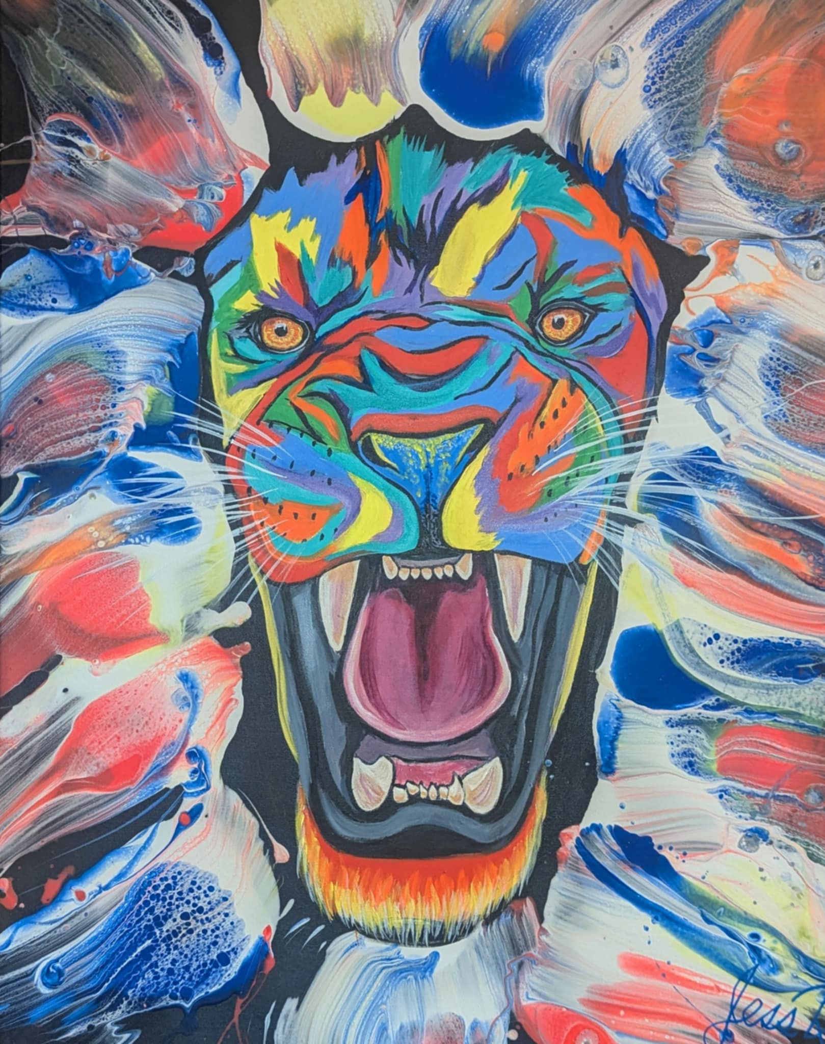 Peinture art animalier d'un lion qui rugit art fluide contemporain couleurs vives flamboyante par Jessie Deschesnes artiste
