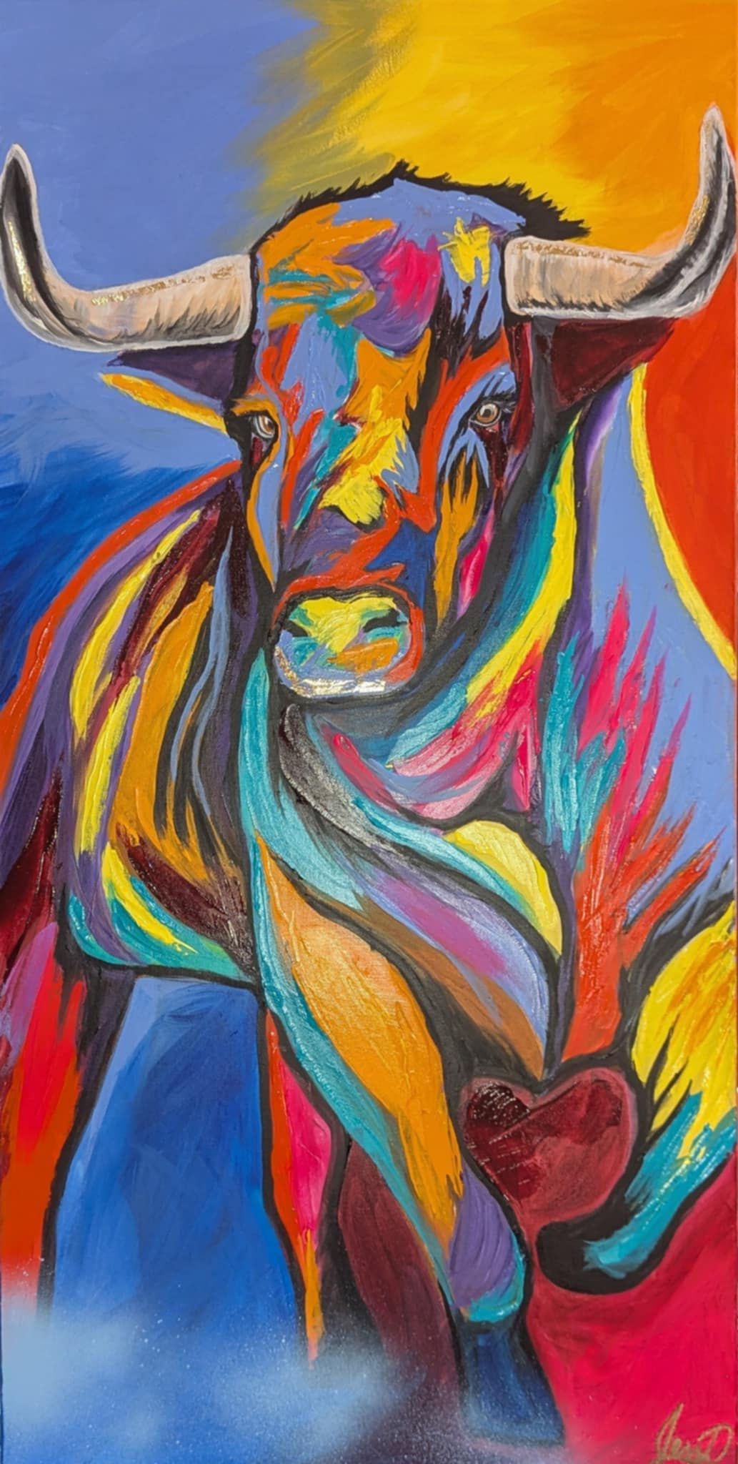 Peinture art animalier d'un taureau aux couleurs vives pop art par Jessie Deschesnes artiste peintre