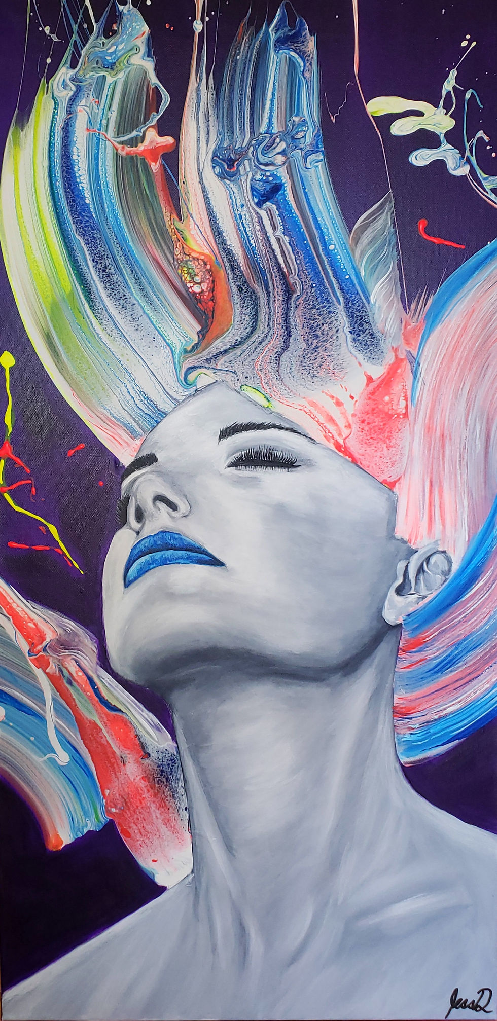 Peinture sur toile acrylique portrait femme cheveux couleurs vives art fluide art contemporaine Jessie Deshesnes artiste