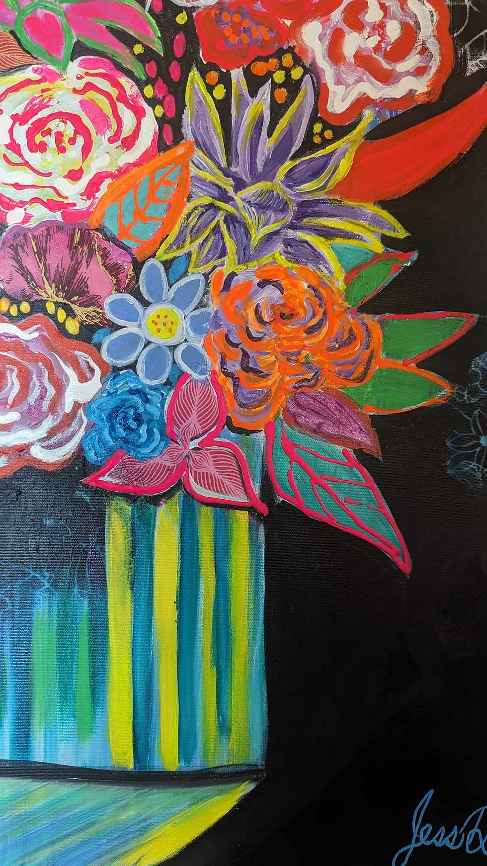 Miniature : Peinture art semi-abstrait contemporain pop art bouquet de fleurs couleurs vives par Jessie Deschesnes artiste peintre