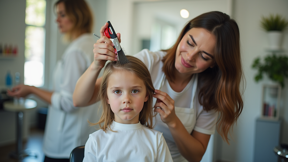 Close-up view of a hairdresser cutting a child's hair in a bright salon