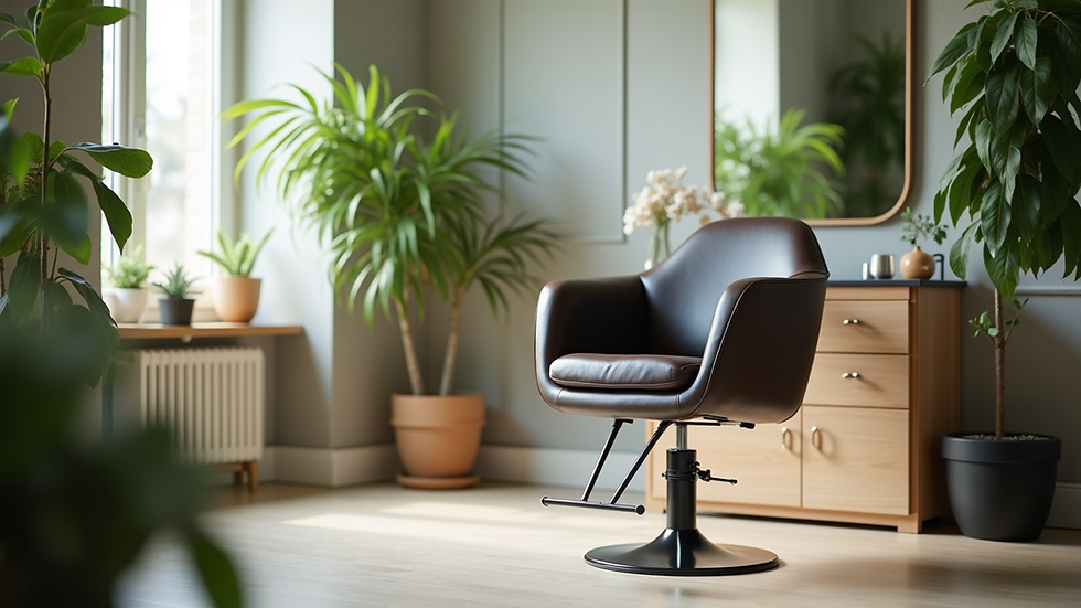 Eye-level view of a modern salon chair with tropical decor