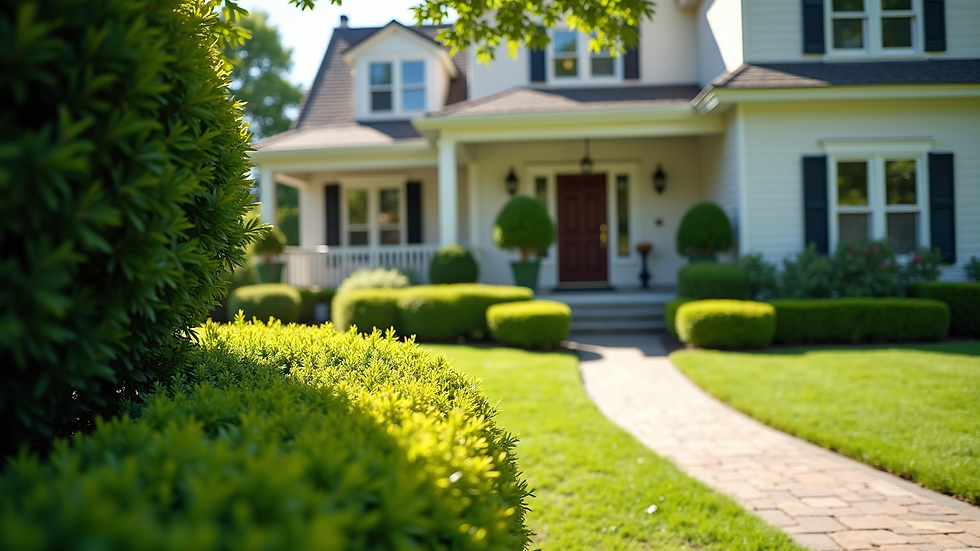 High angle view of a clean and well-maintained front yard with trimmed bushes