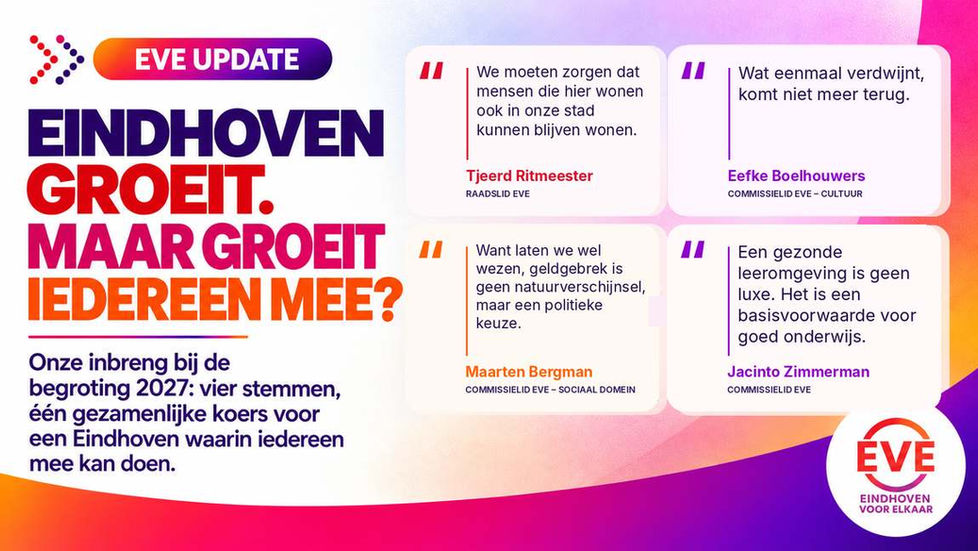 EVE Update: Eindhoven groeit. Maar groeit iedereen mee? Vier citaten van Tjeerd Ritmeester, Eefke Boelhouwers, Maarten Bergman en Jacinto Zimmerman.