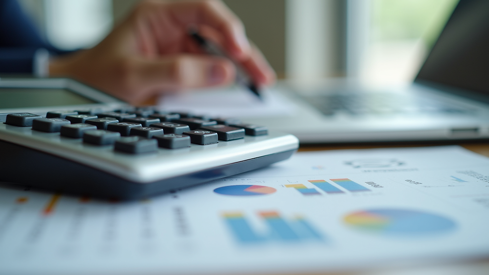 Close-up view of a calculator and financial documents on a desk