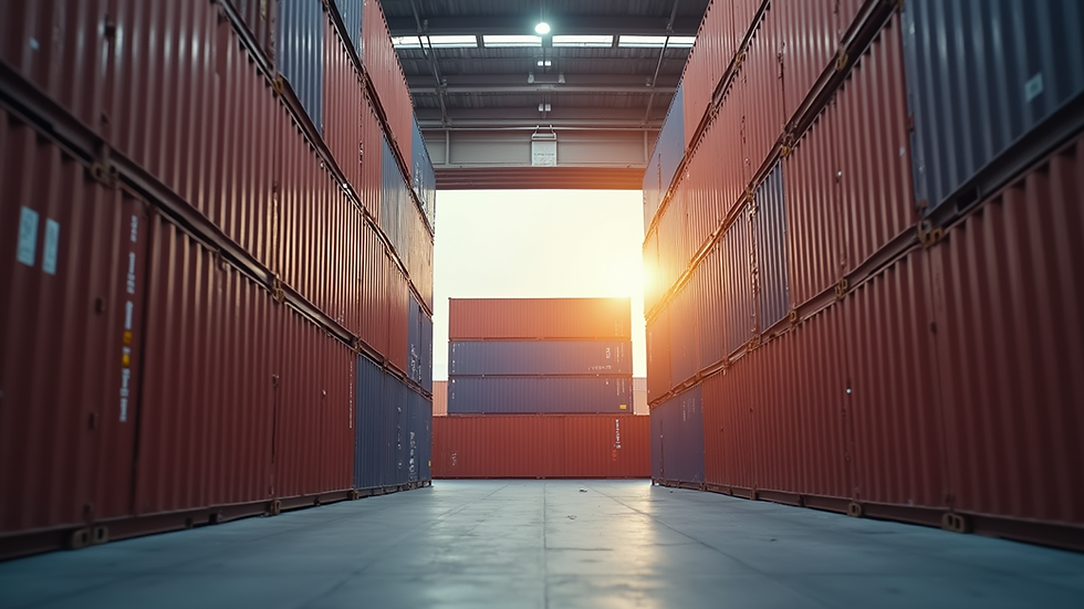Close-up view of a customs warehouse with stacked cargo containers