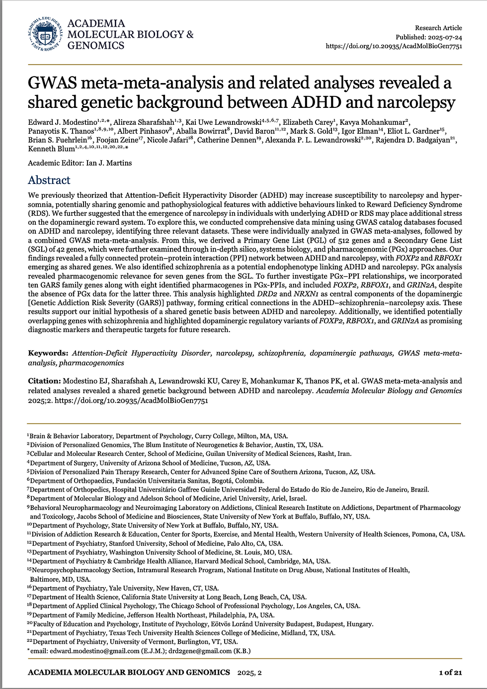 GWAS meta-meta-analysis and related analyses revealed a shared genetic background between ADHD and narcolepsy