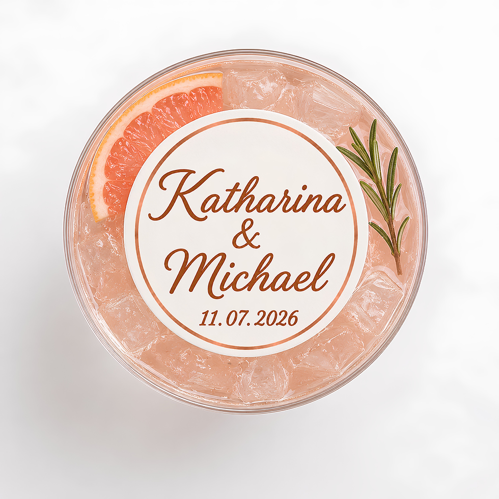Wedding edible drink toppers with personalised names and date for cocktails