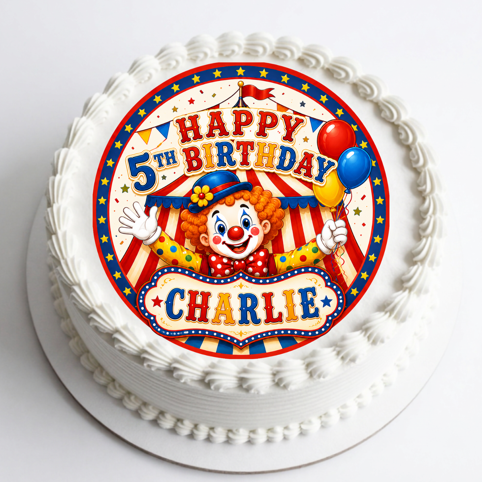 Circus clown birthday cake topper with custom name and age edible cake decoration