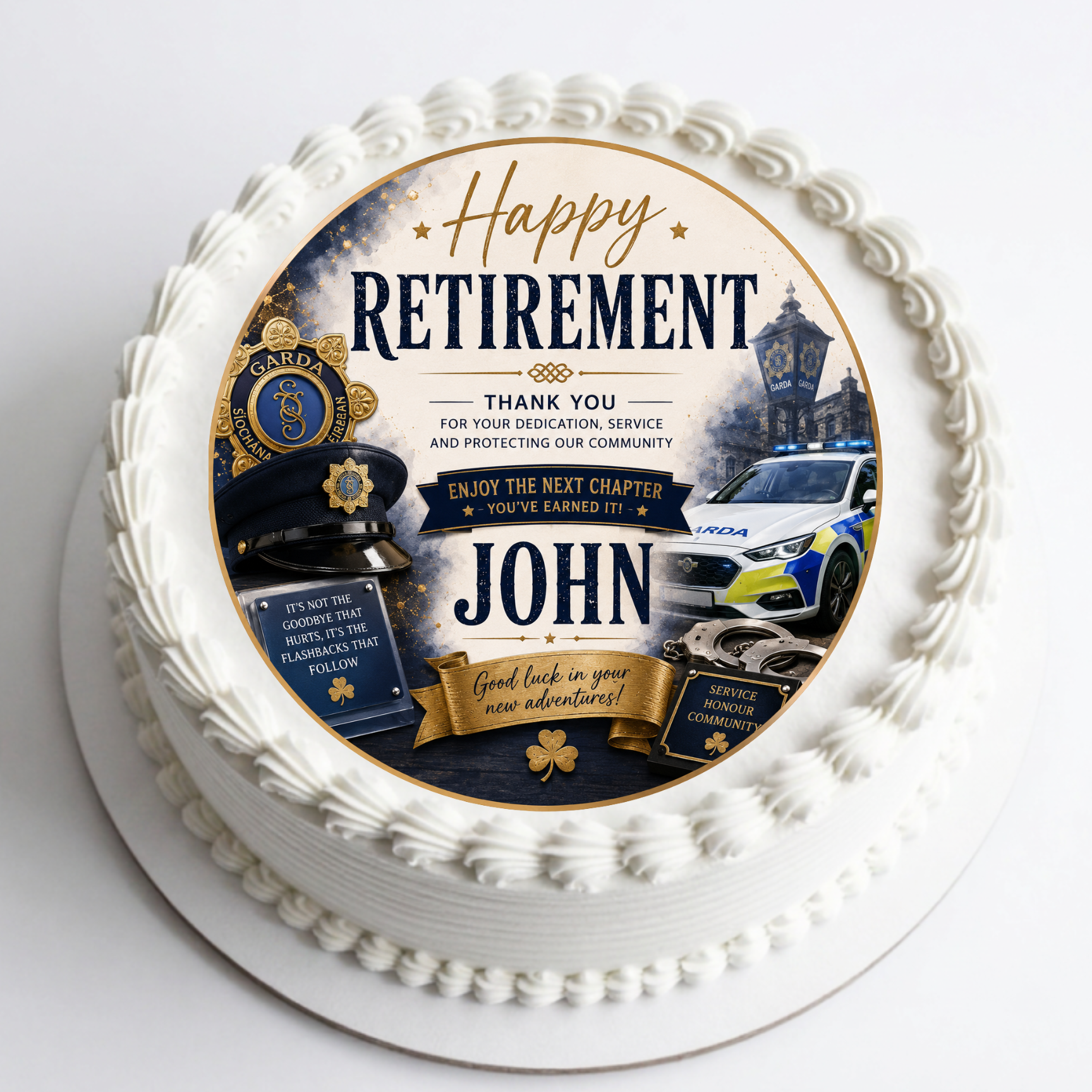 Personalised Garda retirement edible cake topper with name for retirement celebration cake.