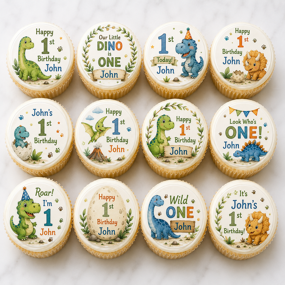 Cute dinosaur first birthday edible cupcake toppers. Printed on premium icing or wafer sheets with any name.