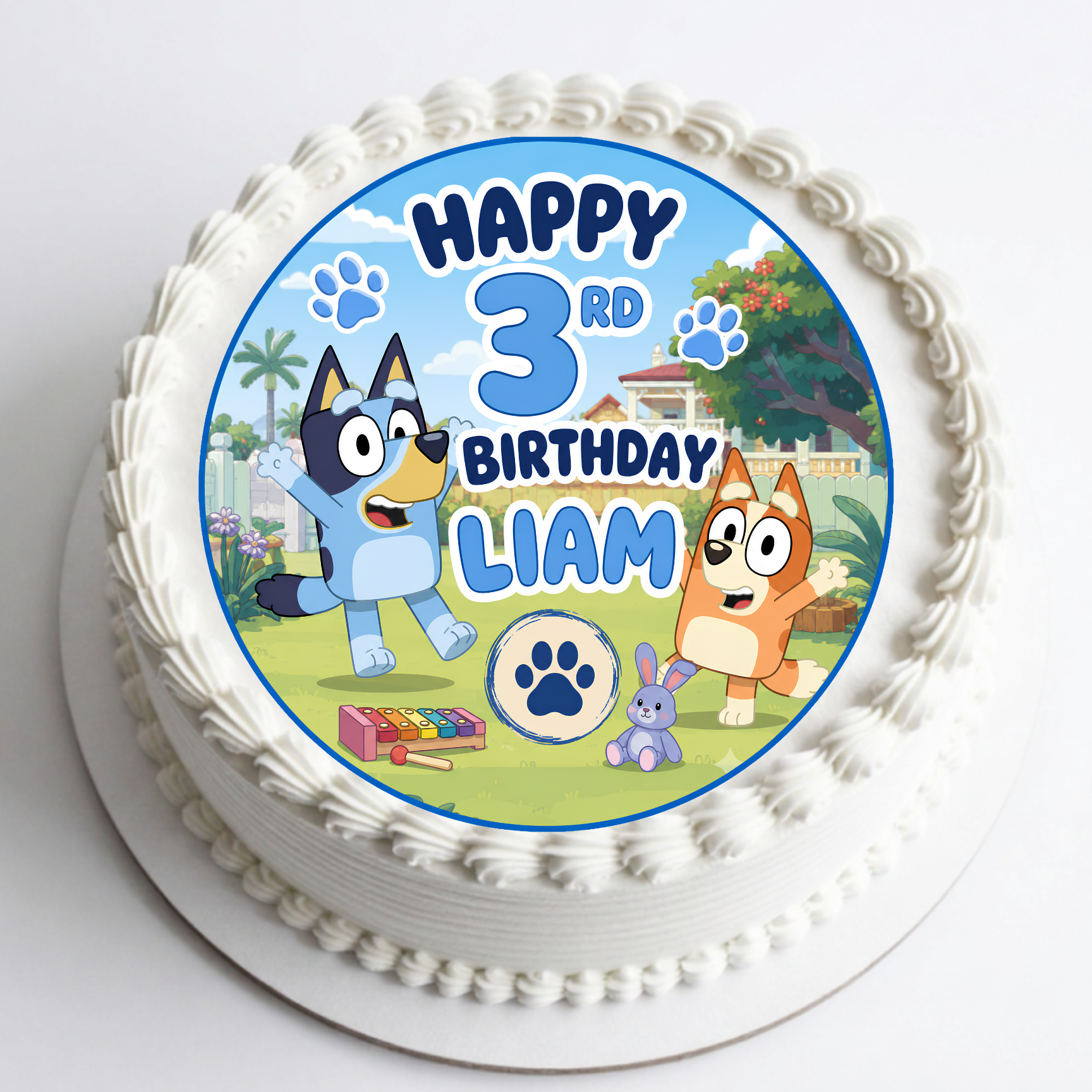 Bluey edible birthday cake topper personalised with name and age printed on premium icing sheet in Ireland.