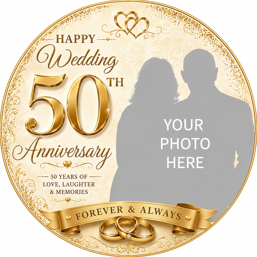 Thumbnail: 50th Wedding Anniversary photo cake topper with personalised photo, elegant gold design, edible icing sheet for Golden Weddin