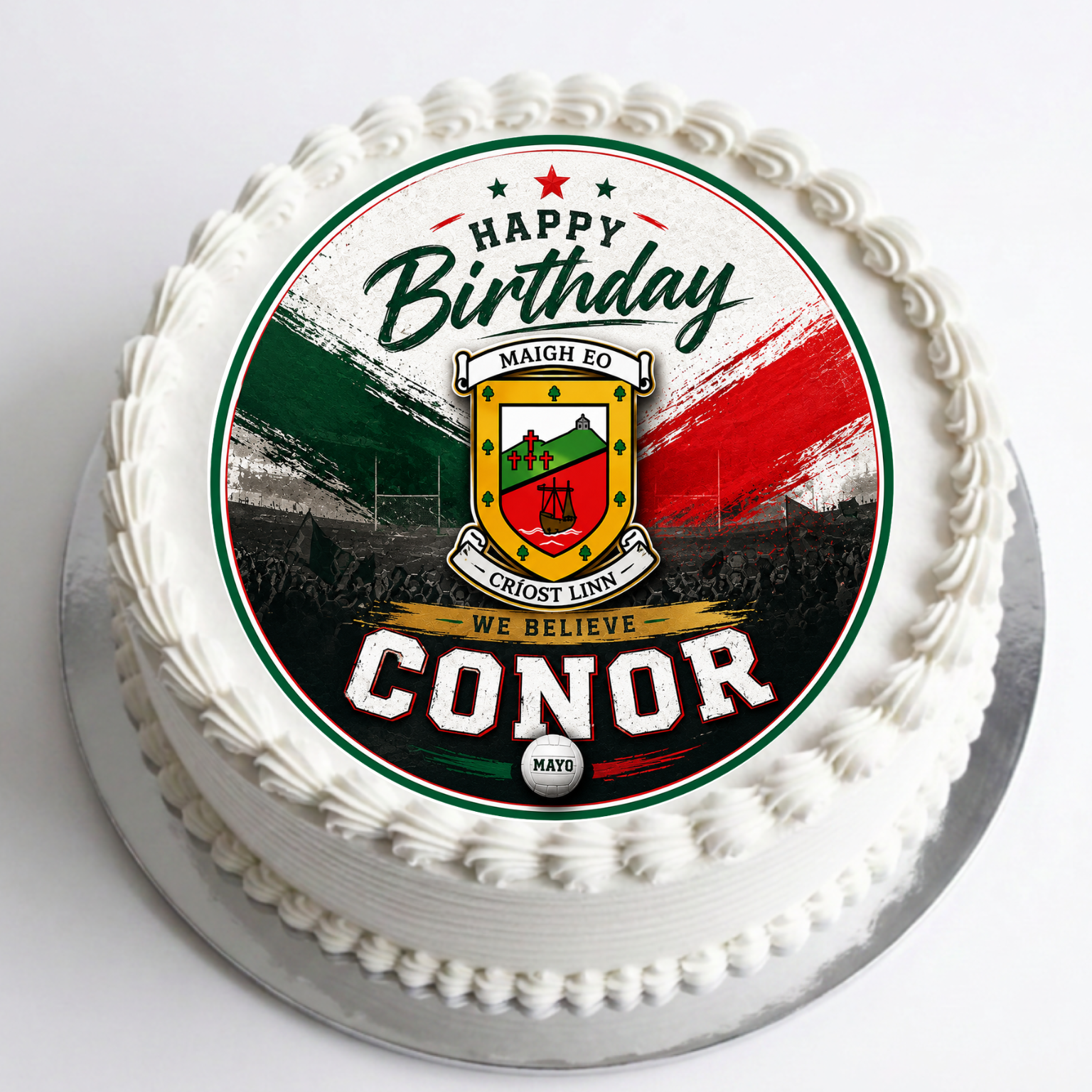 Personalised Mayo birthday edible cake topper with custom name, printed on premium icing for football-themed birthday cakes.