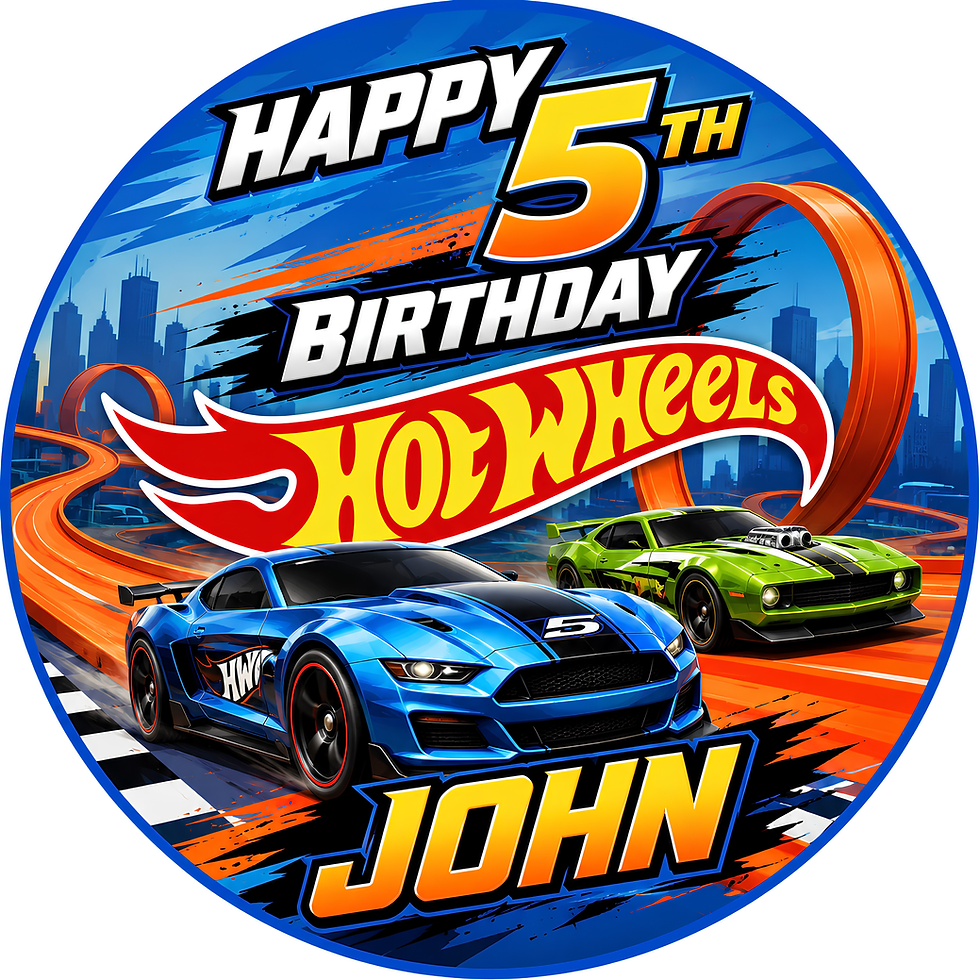 Hot Wheels edible cake topper with personalised name and age on a birthday cake
