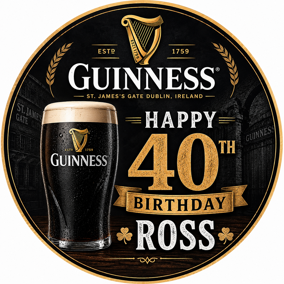 Guinness-inspired edible birthday cake topper personalised with name and age for a milestone birthday cake.