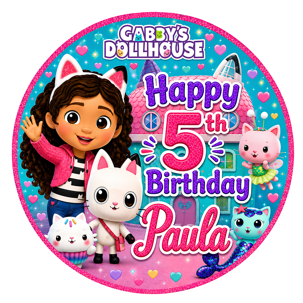 Gabby's Dollhouse edible cake topper with personalised name and age on a birthday cake