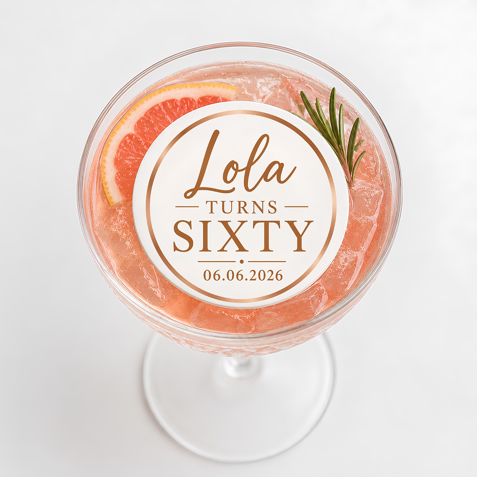 Thumbnail: Personalised 60th birthday edible drink topper for cocktails with elegant rose gold design