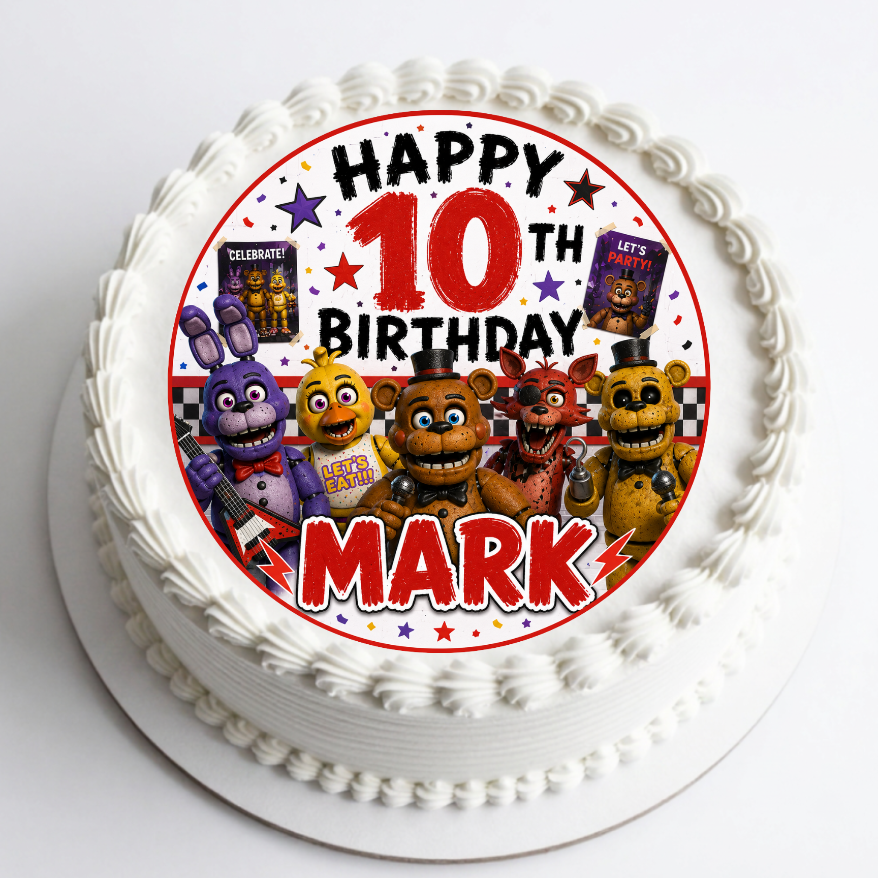 Five Nights at Freddy's edible birthday cake topper with custom name and age printed on icing sheet.