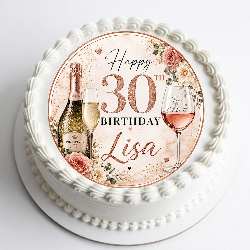 Personalised Prosecco birthday edible cake topper with rose gold design, flowers, name and age for a milestone birthday cake.