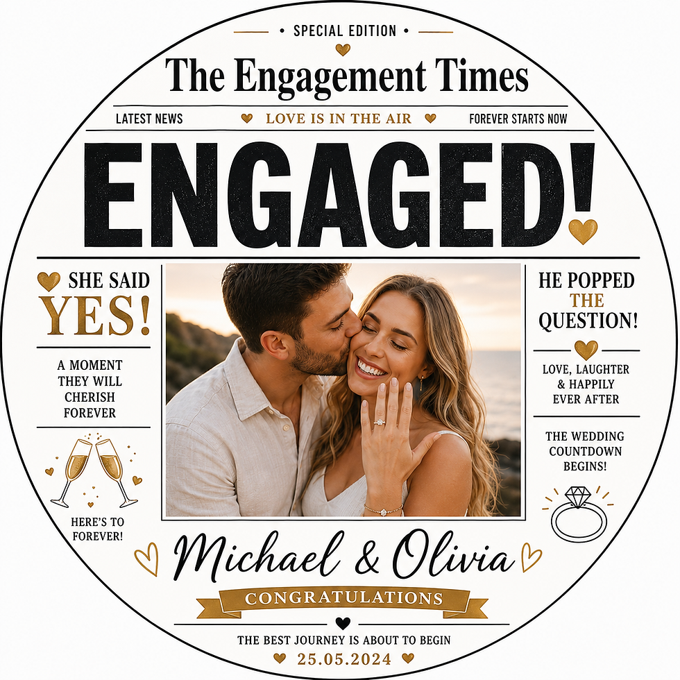 Engagement newspaper photo edible cake topper with custom names and photo for engagement cake celebrations