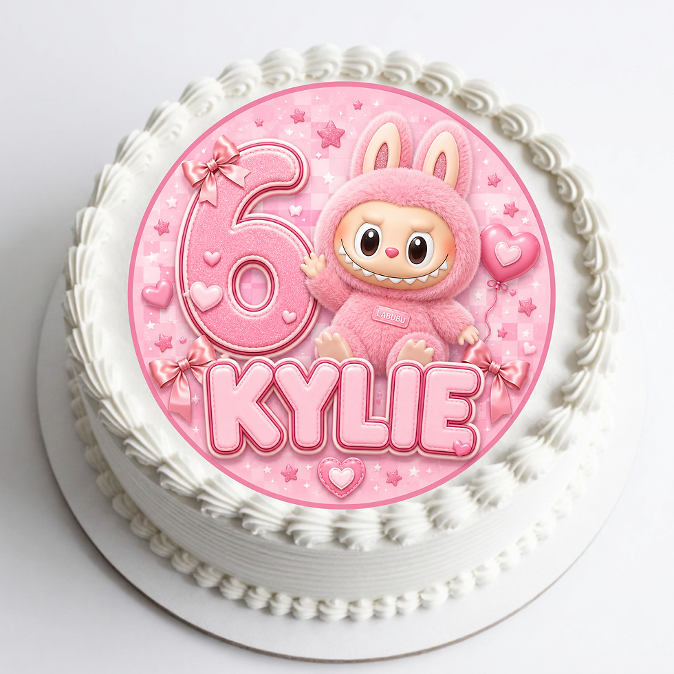 Pink Labubu edible cake topper personalised with name and age for a girl's birthday cake.