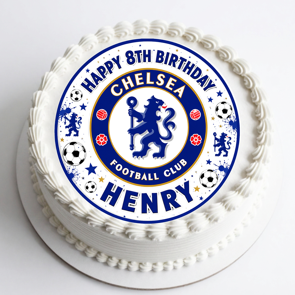 Chelsea FC birthday cake topper with custom name and age edible football cake decoration