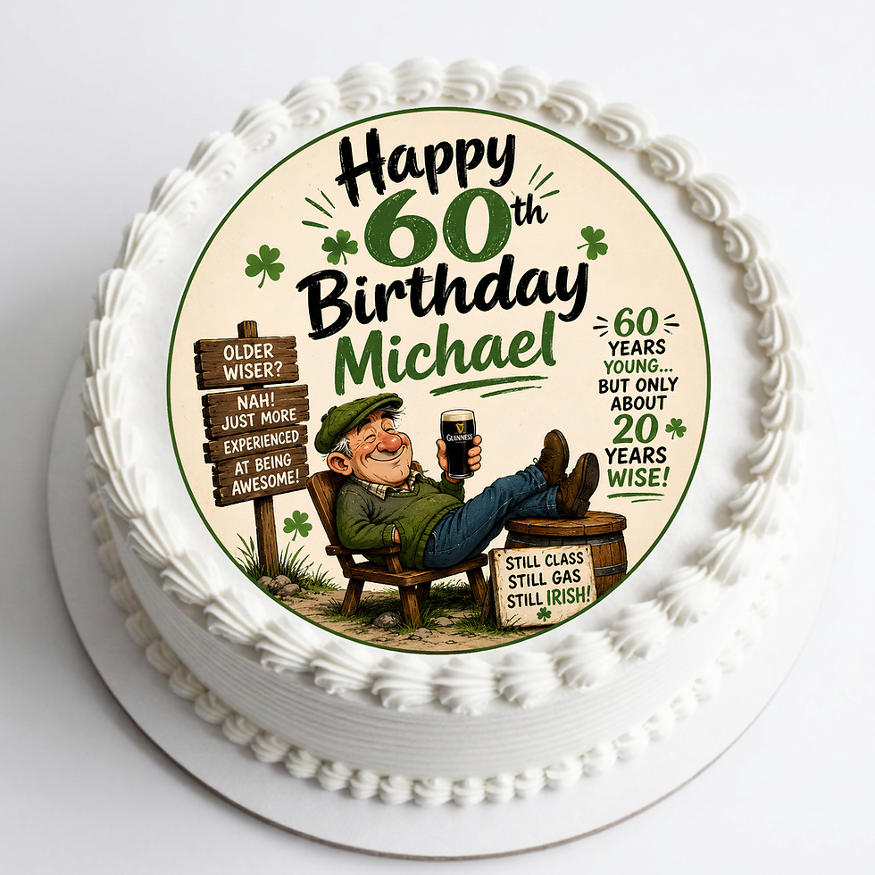 Funny Irish Happy 60th Birthday Michael edible cake topper with Irish humour, pint theme and personalised birthday design.
