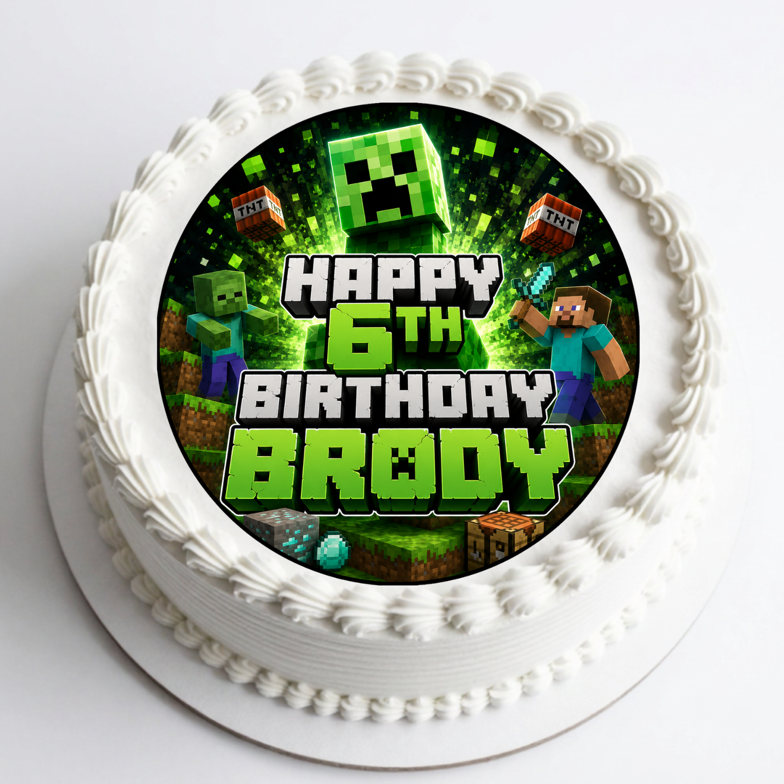 Personalised Minecraft Creeper edible cake topper with green pixel design for birthday cakes.