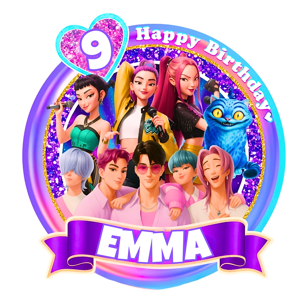 KPop Demon Hunters edible cake topper with personalised name and age on a birthday cake