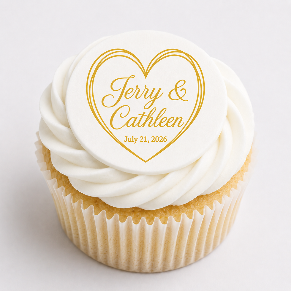 Wedding edible cupcake topper with gold heart, custom names and wedding date