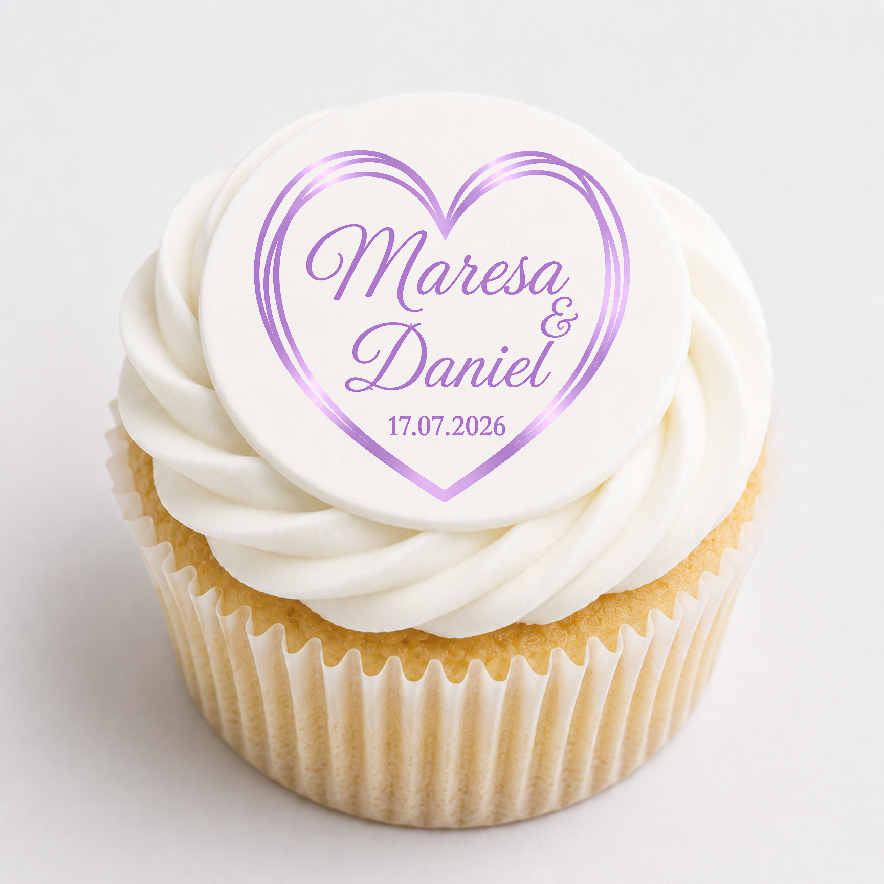 Wedding edible cupcake topper with gold heart, custom names and wedding date