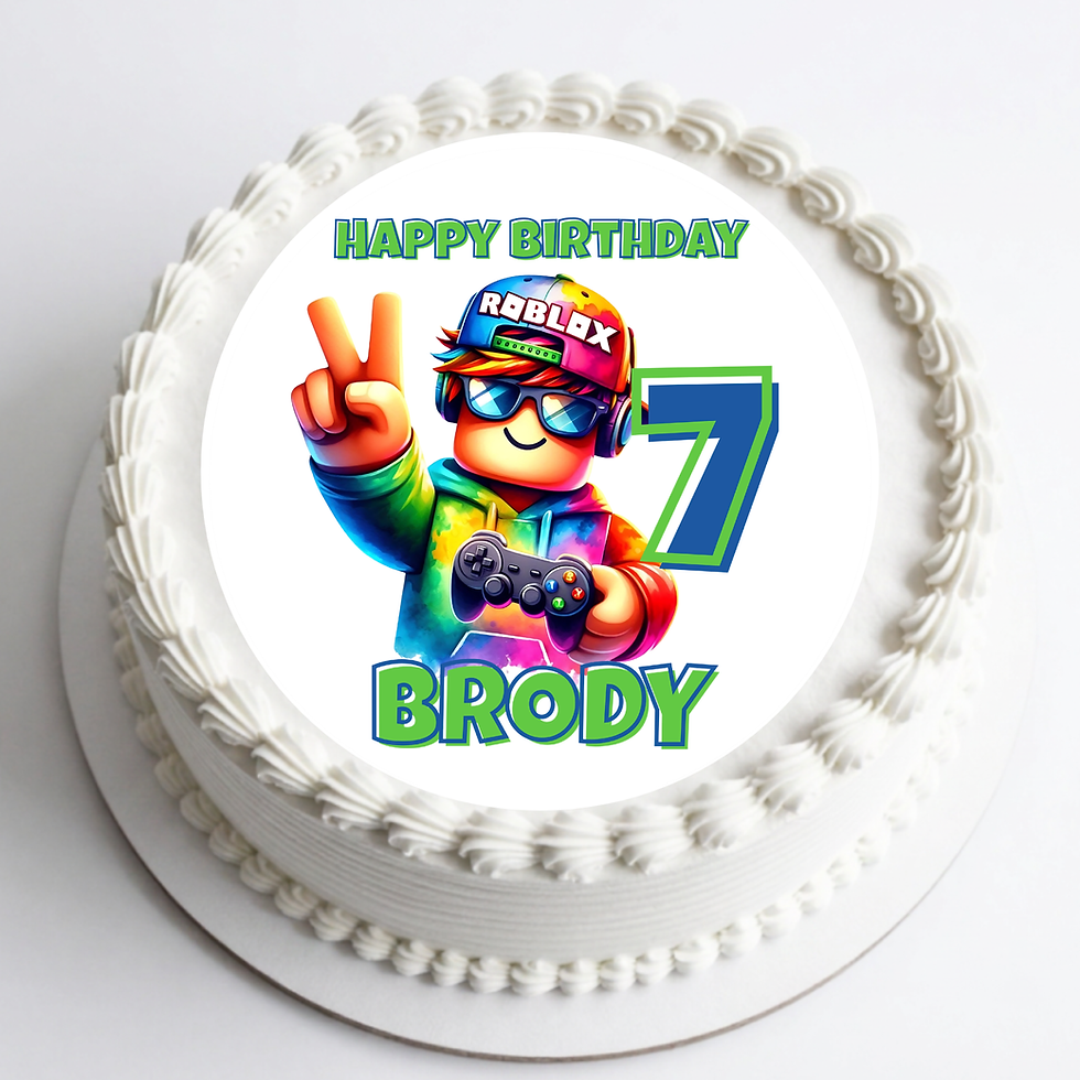 Roblox edible cake topper with personalised name and age on a birthday cake